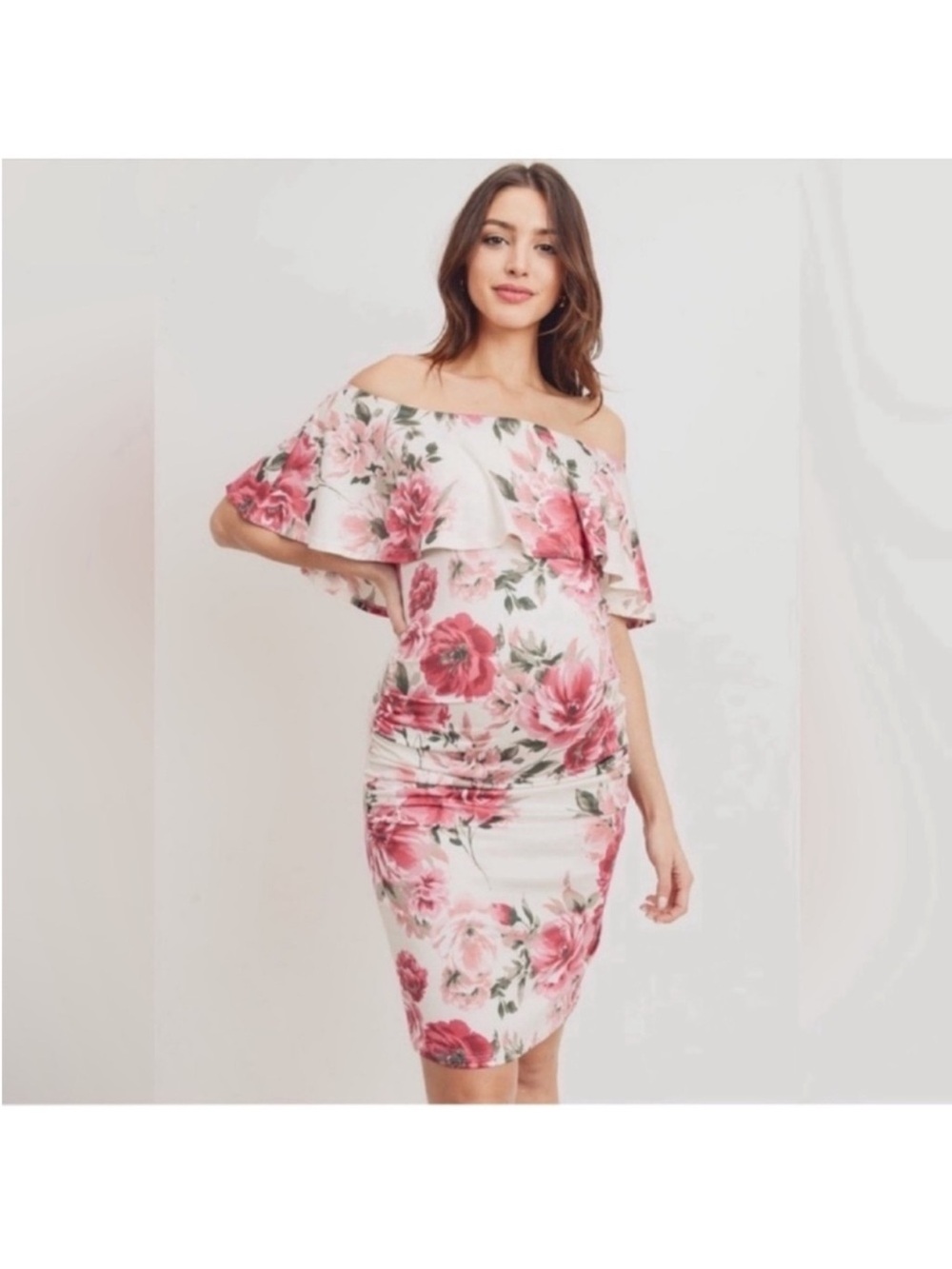 Maternity Floral Ruffle Off Shoulder Mini Dress Sz L Ivory Brown Fitted Stretchy